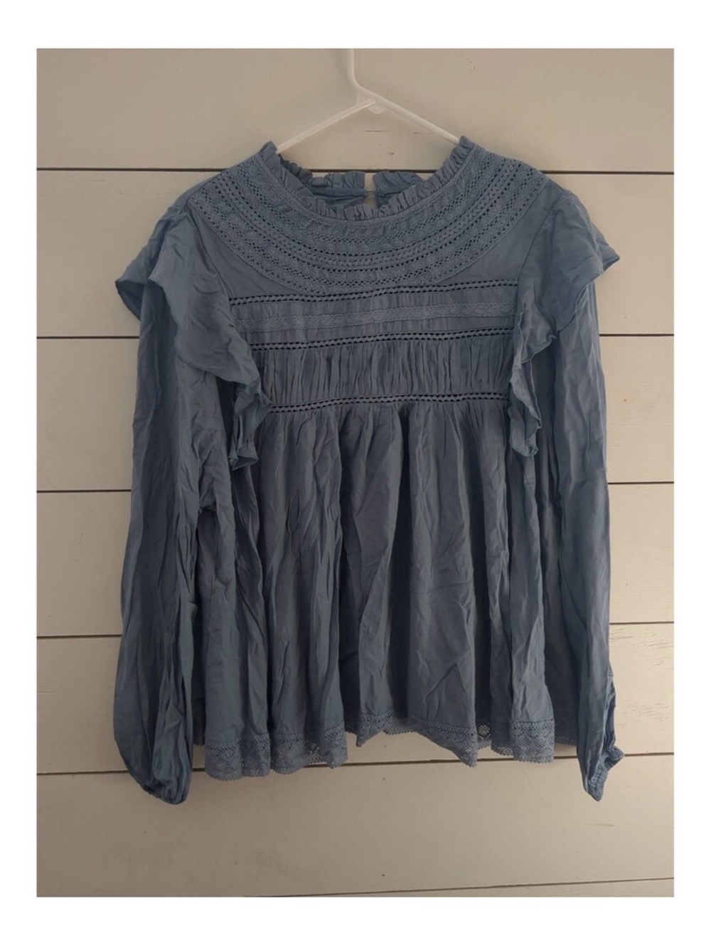 Grace Light Blue Crochet Yoke Ruffle Long Sleeve Top - Picture 1 of 5